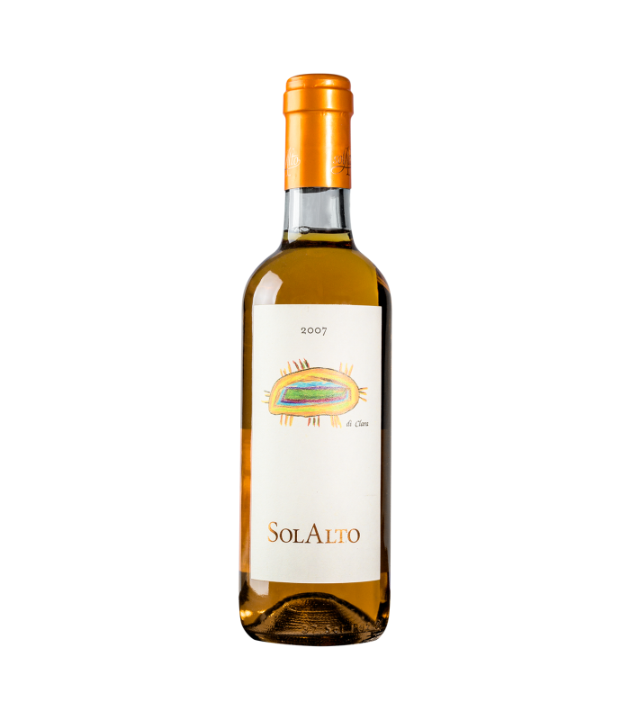 Solalto Di Clara Toscana IGT 2019 Sauvignon und Traminer Spätlese. Bernstein in der Farbe. In der Nase Duft nach reifen saftigen Früchten Ananas